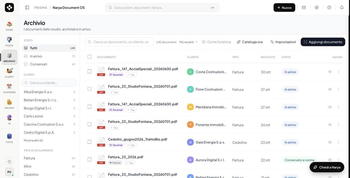 Archivio di Mastro: i documenti dello studio con accanto il cliente, il tipo e lo stato di conservazione, da cercare per cliente o per tipo