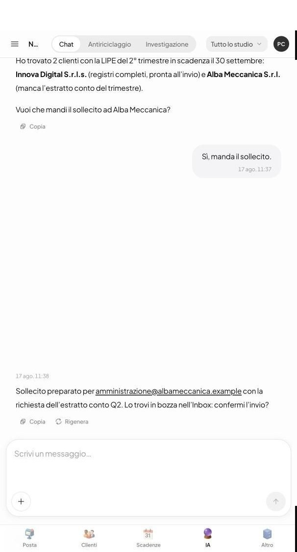 Narya, l'assistente AI di Mastro, risponde alla domanda «chi ha la LIPE in scadenza questo mese?» elencando i due clienti interessati e proponendo il sollecito — versione da telefono