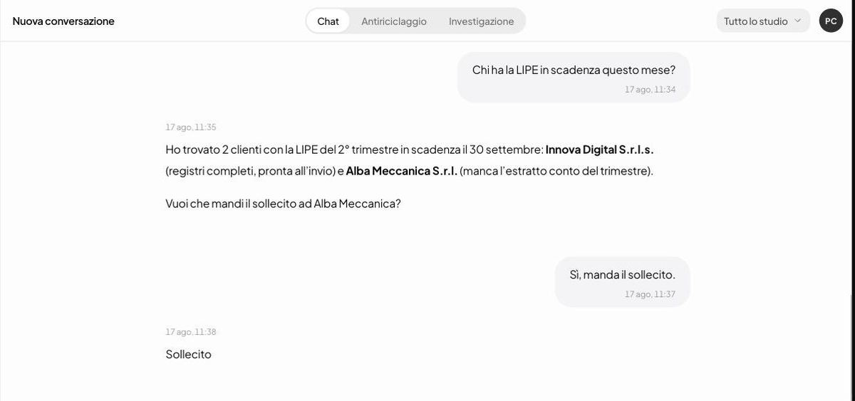 Narya, l'assistente AI di Mastro, risponde alla domanda «chi ha la LIPE in scadenza questo mese?» elencando i due clienti interessati e proponendo il sollecito