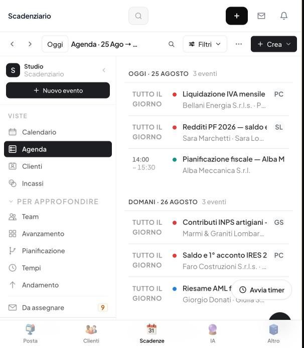 Lo scadenziario di Mastro: la settimana di uno studio commercialista con liquidazione IVA, F24, contributi INPS, redditi PF e un riesame AML, ciascuno assegnato e con il proprio termine — versione da telefono